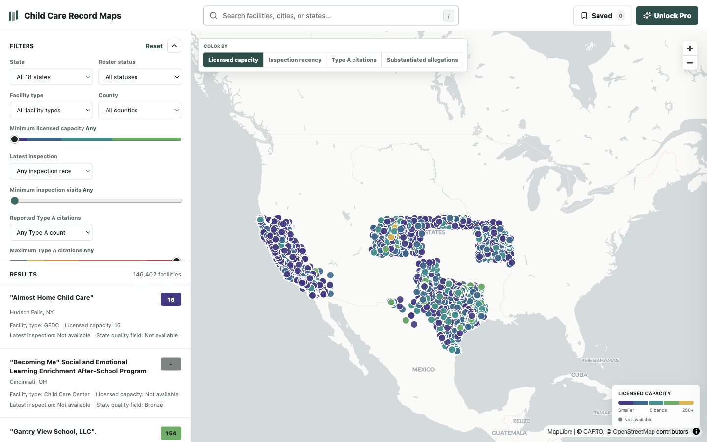 Child care explorer showing colorful facility points across eighteen states